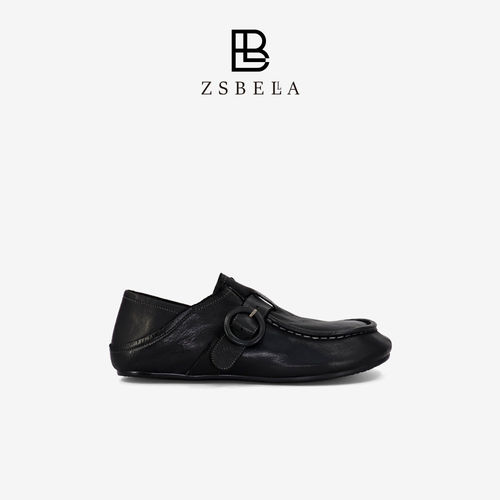 ZSBELLA手工水洗牛皮丑萌乐福鞋 复古圆扣软底一脚蹬懒人通勤单鞋
