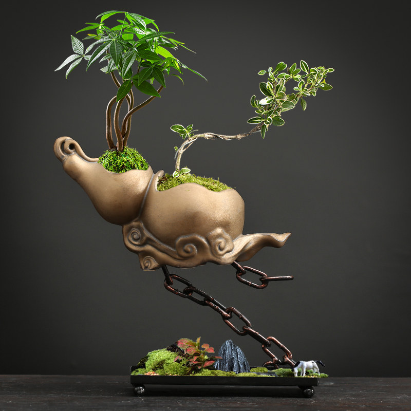 陶瓷花盆铁链葫芦创意天空之城铁艺悬挂摆件客厅装饰文竹多肉造景 - 实物图