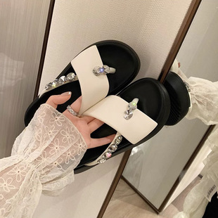 2024新款 女凉拖外穿 小码 313233可可泡芙水钻夹脚厚底沙滩拖鞋