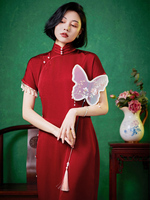 原创中式古法婚宴礼服曳地长款简约大气复古中国红旗袍 高端定制