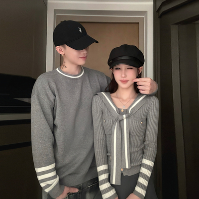 新款灰色条纹毛衣情侣款一裙一衣