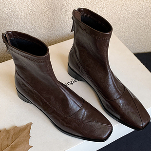 超软羊皮小短靴女平底软底软皮弹力瘦瘦靴方头法式洋气美拉德靴子