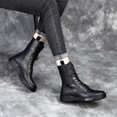 高帮棉皮鞋 真皮短靴女平底马丁靴2025秋冬季 新款 子软底软面加厚绒