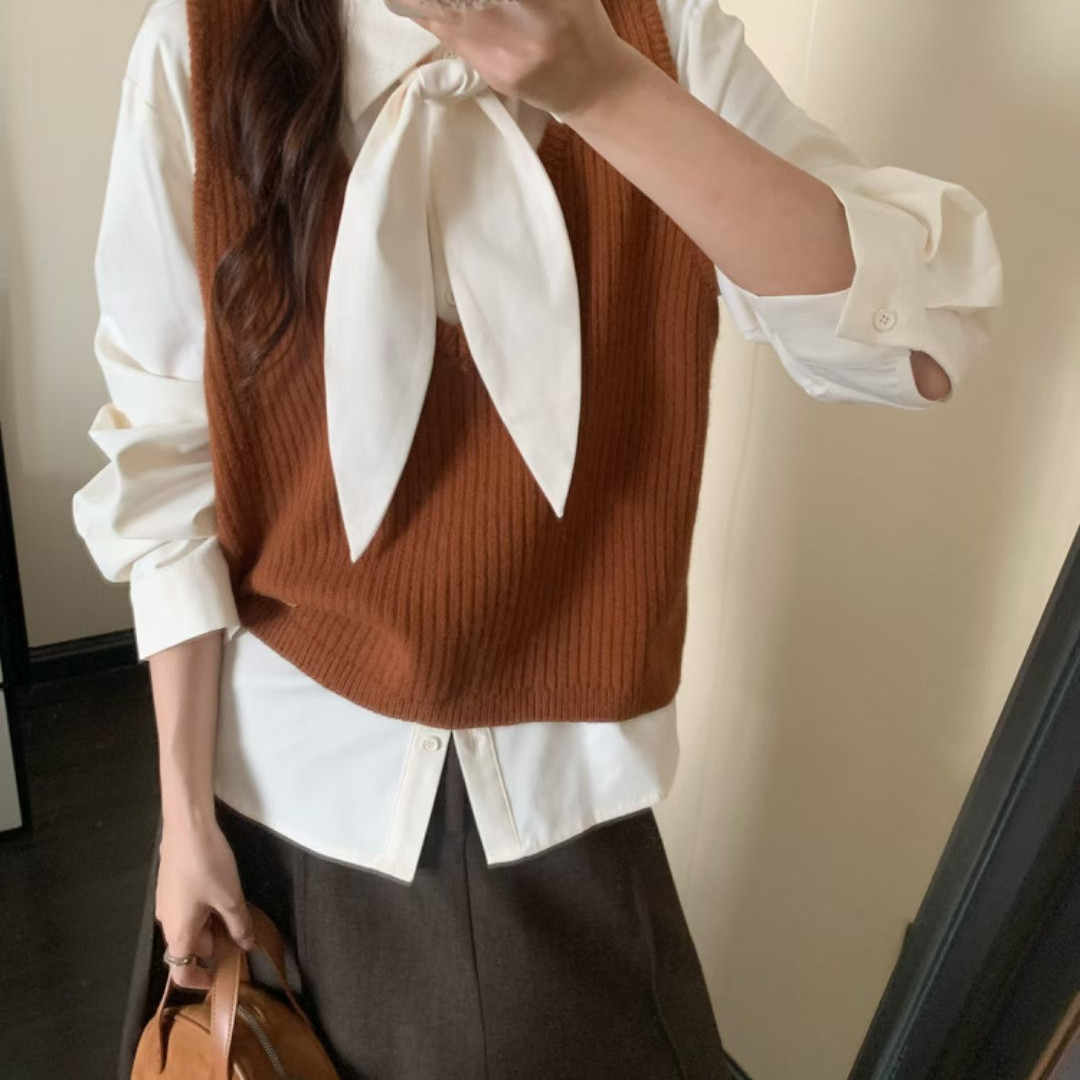 MK学院风飘带翻领衬衫+