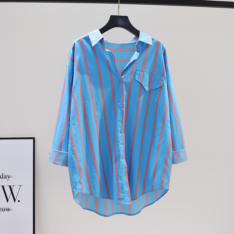 蓝色条纹衬衫女秋季文艺范