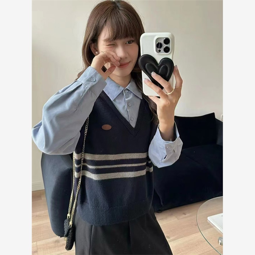 假两件上衣女初秋穿搭高级感针织衫拼接衬衫Polo领学院风别致毛衣