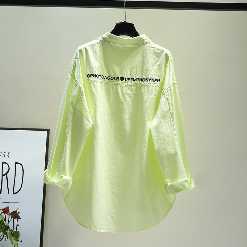 专柜撤回荧光黄色刺绣字母中长款纯棉衬衫女2026韩范宽松休闲上衣