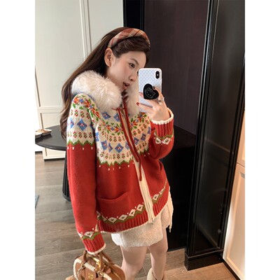 加厚毛领费尔岛连帽毛衣