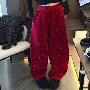 亮闪闪加绒加厚阔腿裤女冬2025新款韩版时尚宽松显瘦休闲裤弯刀裤