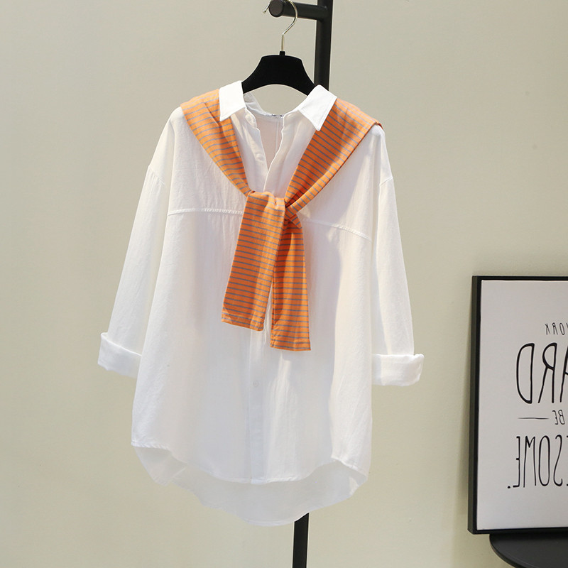 白色衬衫女2026春季新款韩范文艺bf风中长款休闲糖果色衬衣两件套