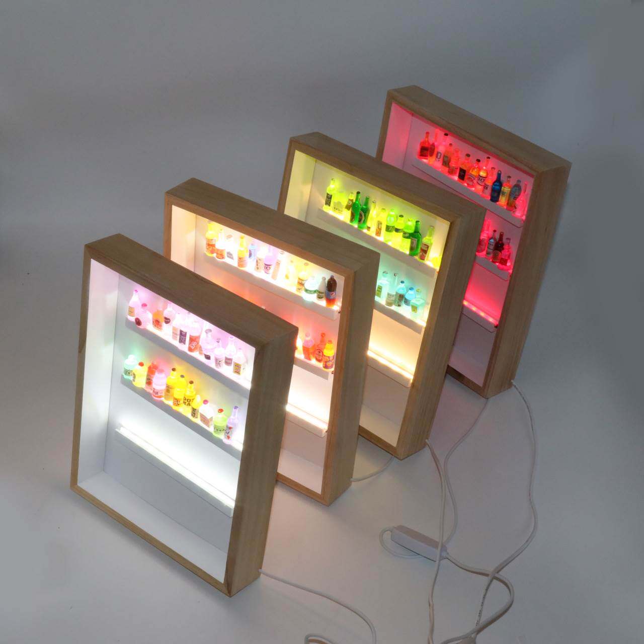 工厂创意中空木质展示柜实木3d小夜灯摆件小酒瓶diy发光相框