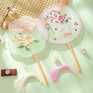 蝶机绣团扇双面长柄苏绣汉服扇子中国风冰丝流苏旗袍走秀送闺蜜