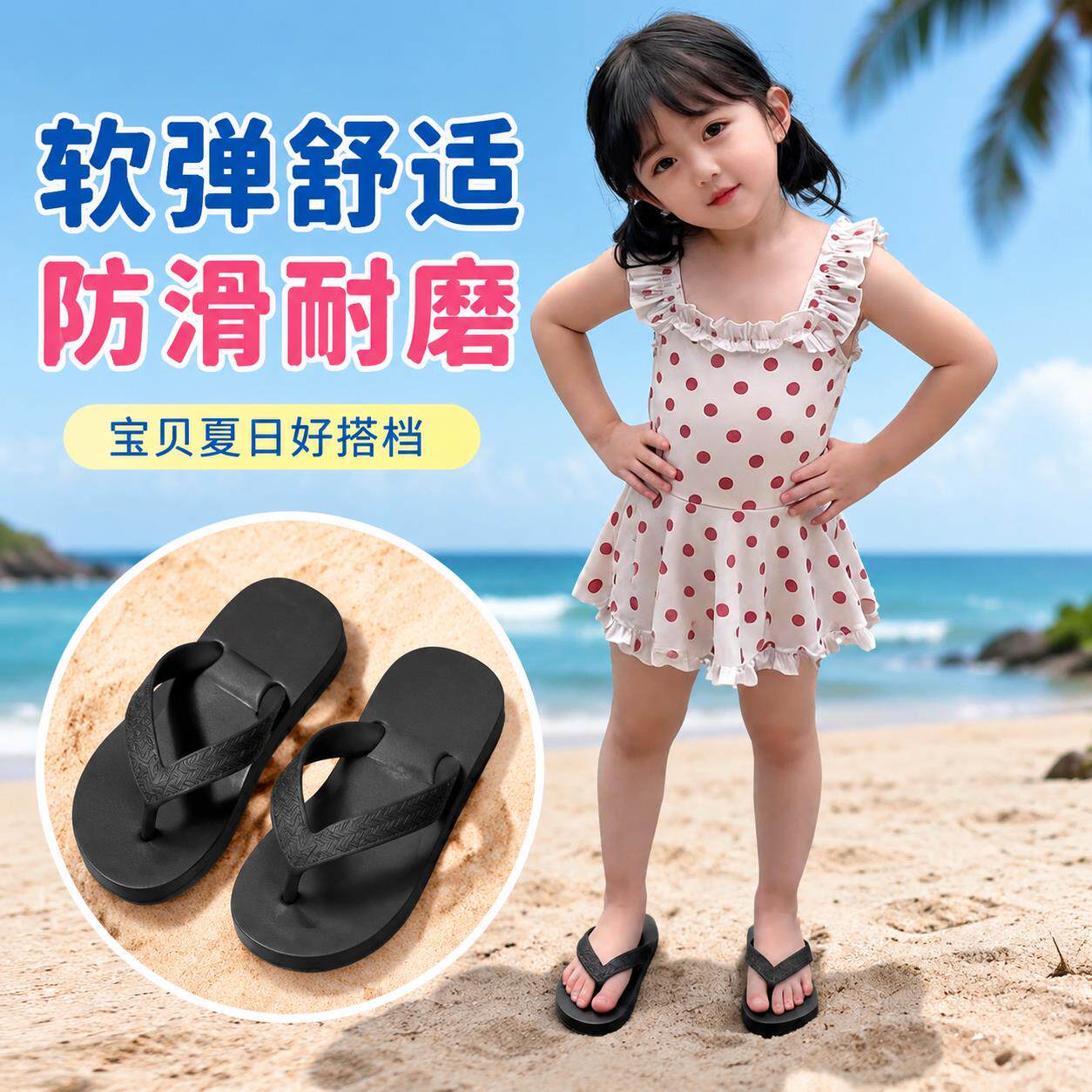 女童人字拖可下水海边沙滩儿童外穿防臭防滑黑色夹脚指头休闲拖鞋