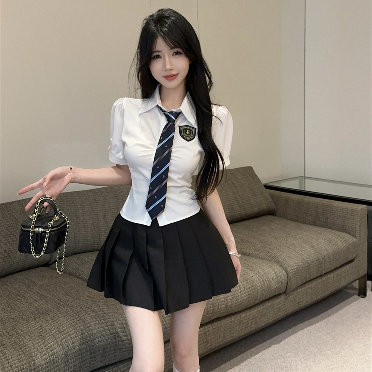 学院风小清新减龄短袖领带衬衫纯欲高腰百褶裙jk制服套装