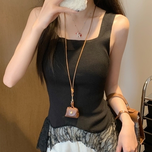 上衣 純欲蕾絲拼接下擺吊帶背心女夏不規則飄帶修身