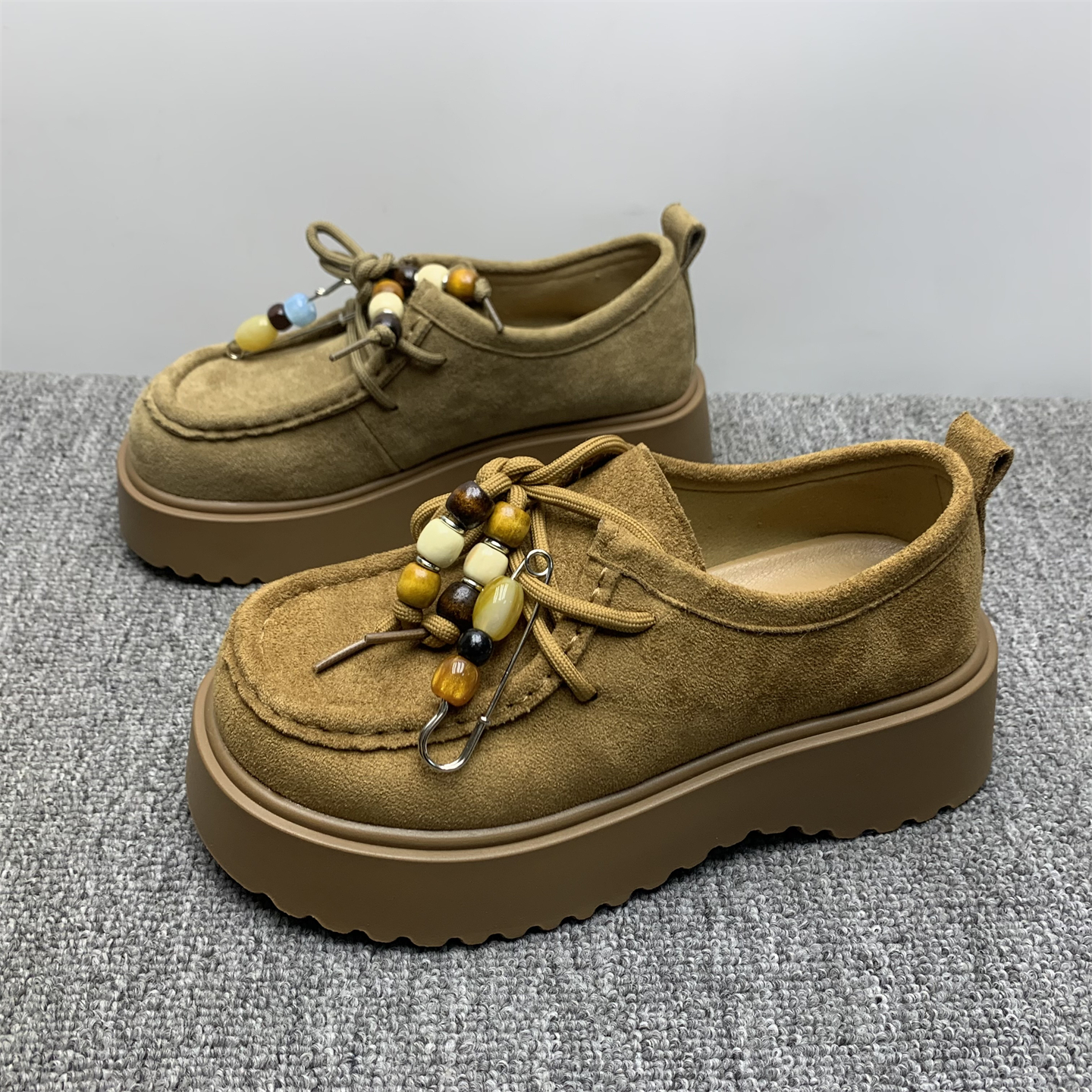 断码处理厚底绒面博肯鞋女2025款秋季复古系带轻便袋鼠增高豆豆鞋