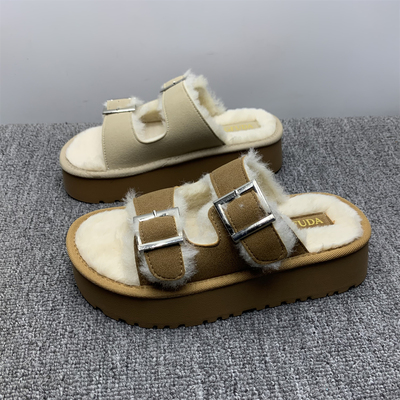 断码处理厚底毛毛一字拖鞋女2025冬季新款外穿复古加绒博肯棉拖鞋