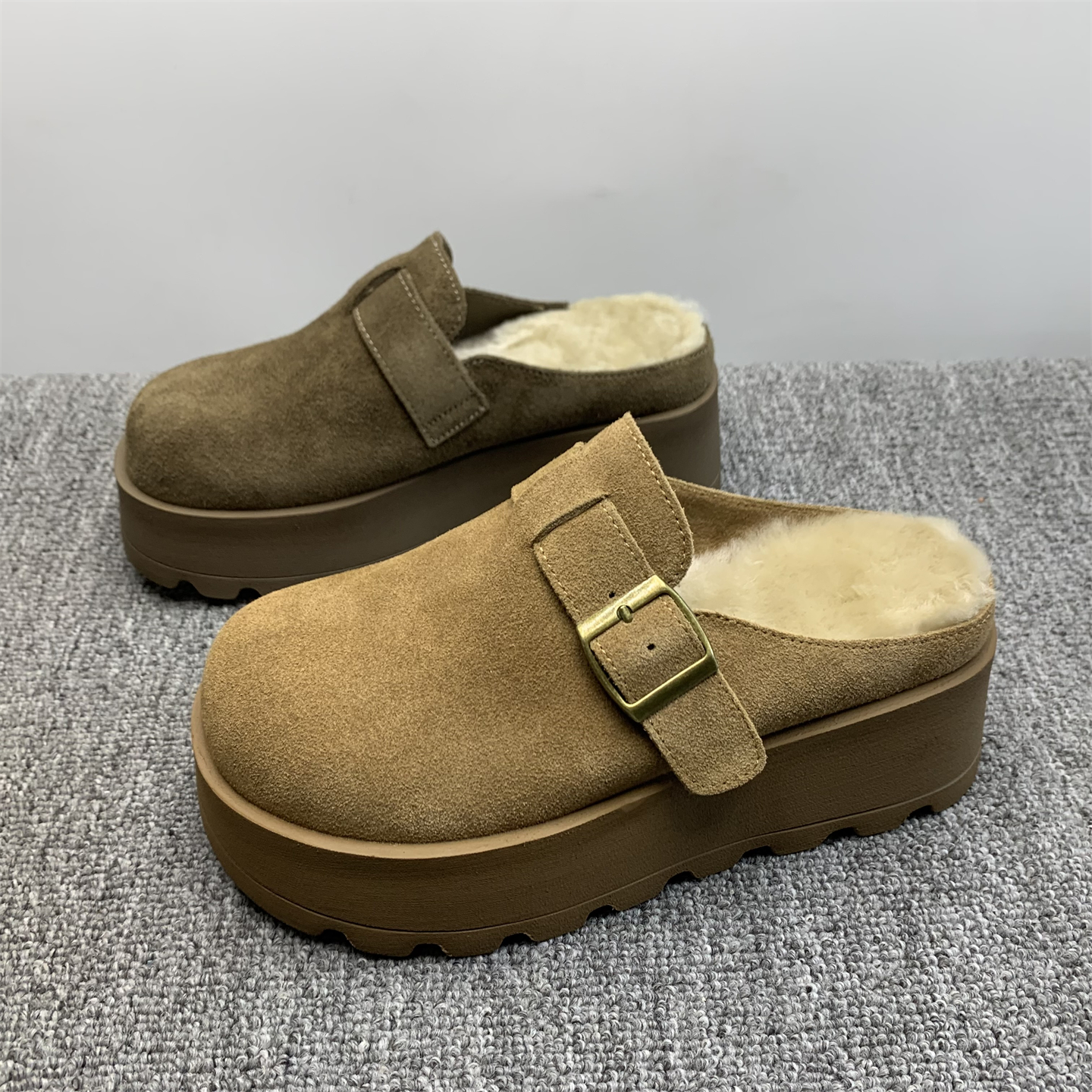 专柜撤柜处理真皮羊毛厚底6cm加绒博肯鞋女2025冬新款外穿毛毛鞋