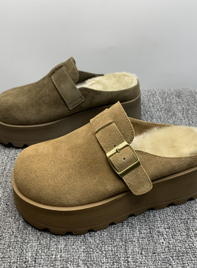 专柜撤柜处理真皮羊毛厚底6cm加绒博肯鞋女2025冬新款外穿毛毛鞋