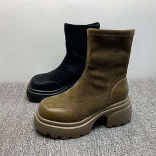 品牌撤柜棉靴真皮加弹力布瘦瘦袜靴女粗高跟冬季加绒新款厚底增高