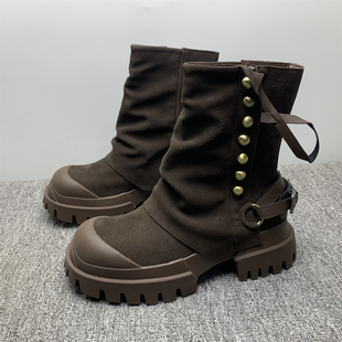 撤柜处理磨砂牛皮英伦风厚底短靴女冬季铆钉皮带扣复古中筒堆堆靴