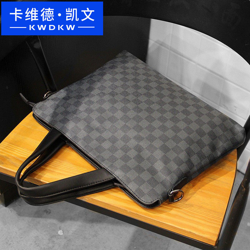 Cavid Kevin男士手提包横款商务公文包单肩包电脑包潮流斜挎格子