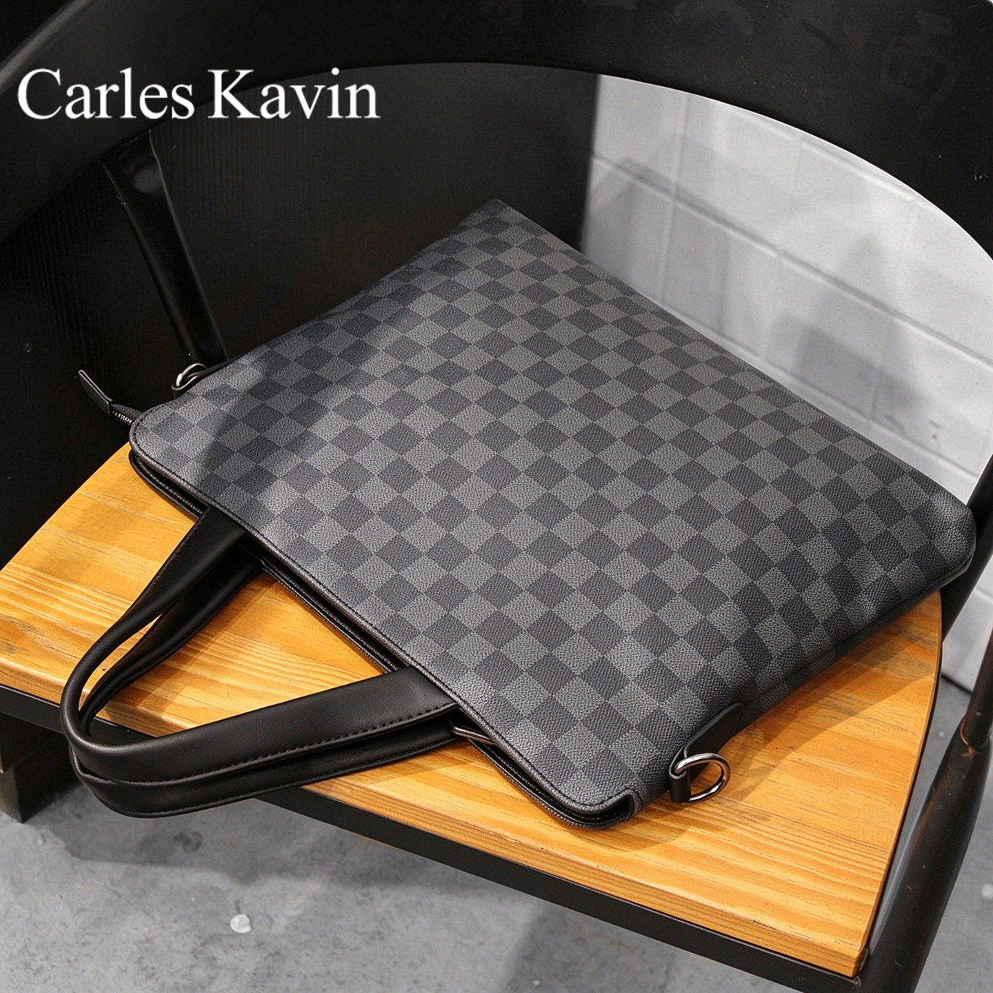 Cavid Kevin男士手提包横款商务公文包单肩包电脑包潮流斜挎格子
