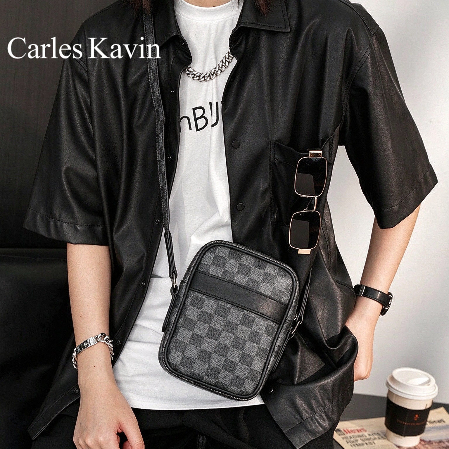 Cavid Kevin商务休闲格子单肩包韩版男包时尚斜挎包小方包挎包潮