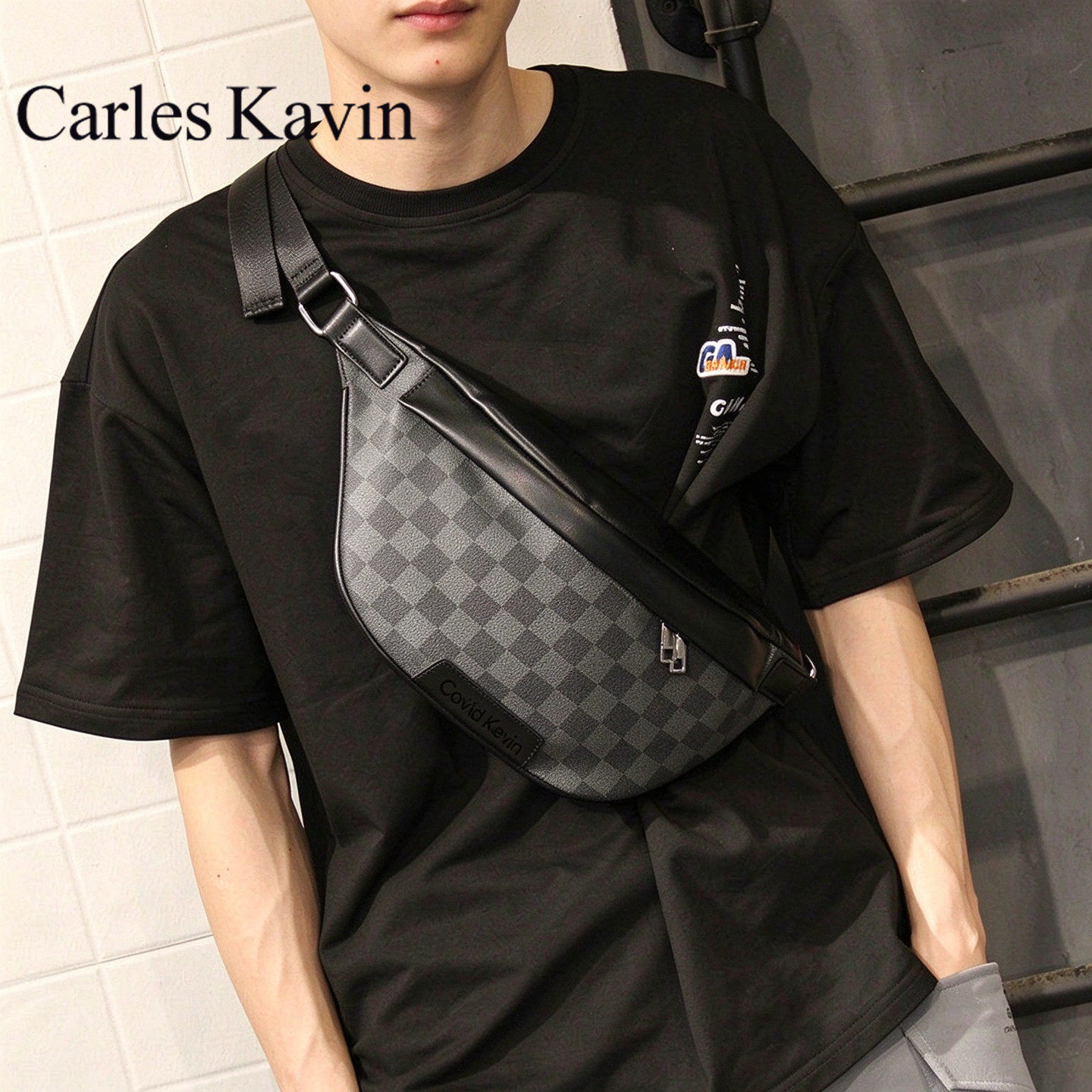 Cavid Kevin欧美男士胸包潮牌个性格子手机斜挎包时尚单肩包腰包