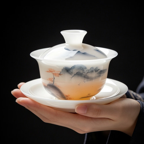 亮光釉下彩手绘青花薄胎盖碗