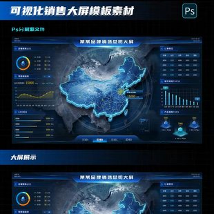 智慧城市可视化中国地图UI界面高清PSD科技科幻大屏幕数据模板