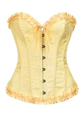 Yellow Jacquard Ruffled Trim Boned Sexy Overbust Push Up Bus