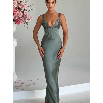 Chic Boneless Strapless Dress Mermaid Dress V领缎面修身裙