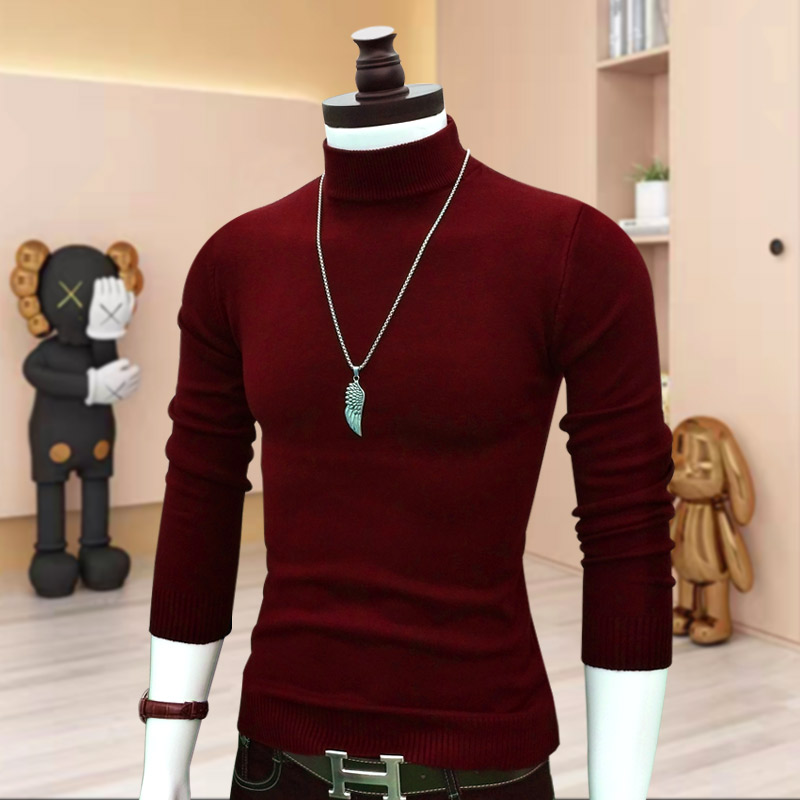 男士保暖毛衣针织打底衫半高领修身舒适上衣秋冬季时尚韩版酒红色