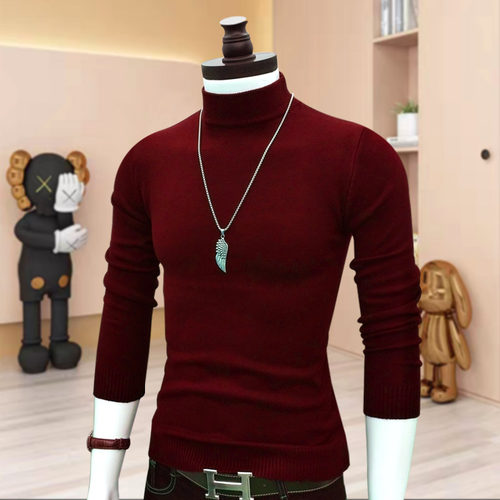 男士保暖毛衣针织打底衫半高领修身舒适上衣秋冬季时尚韩版酒红色
