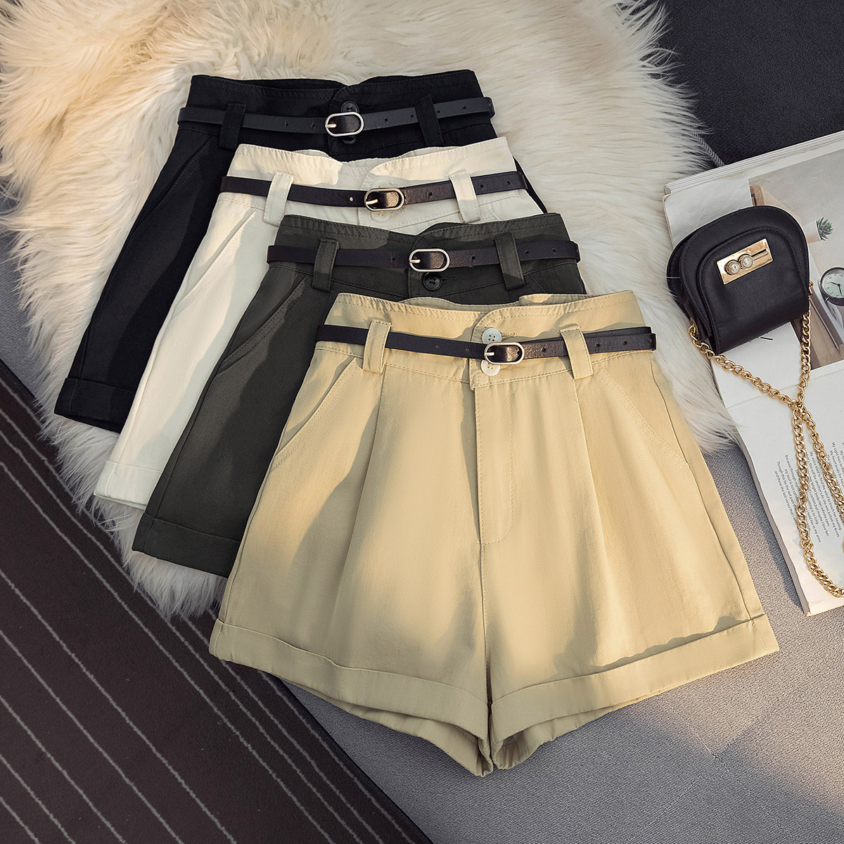 腰带牛仔阔腿短裤女夏季薄款高腰宽松百搭休闲小个a字卷边热裤子