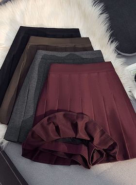 安哥拉红加厚毛呢百褶半身裙女2025秋冬新款高腰小个子a字短裙子