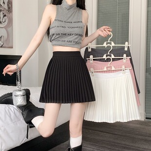 韩版 高腰压褶白色短裙甜美百搭小个防走光百褶裙 半身裙女春夏新款