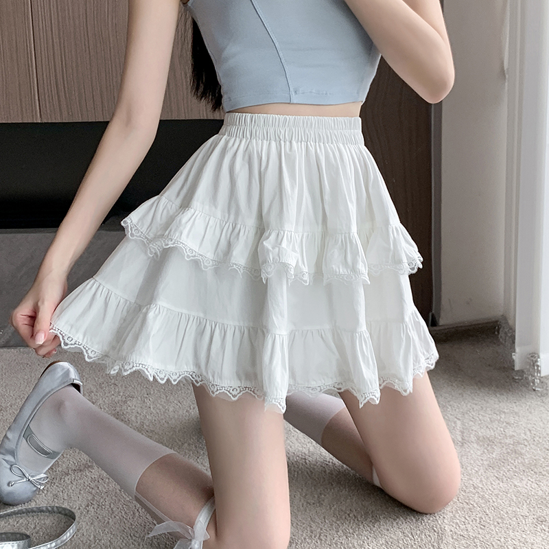小清新甜美半身裙女春夏新款蕾丝边高腰a字短裙小个子蓬蓬蛋糕裙