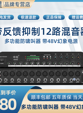 申煌 12路会议话筒音频集线器48V幻象供电防啸叫混音器混响效果器