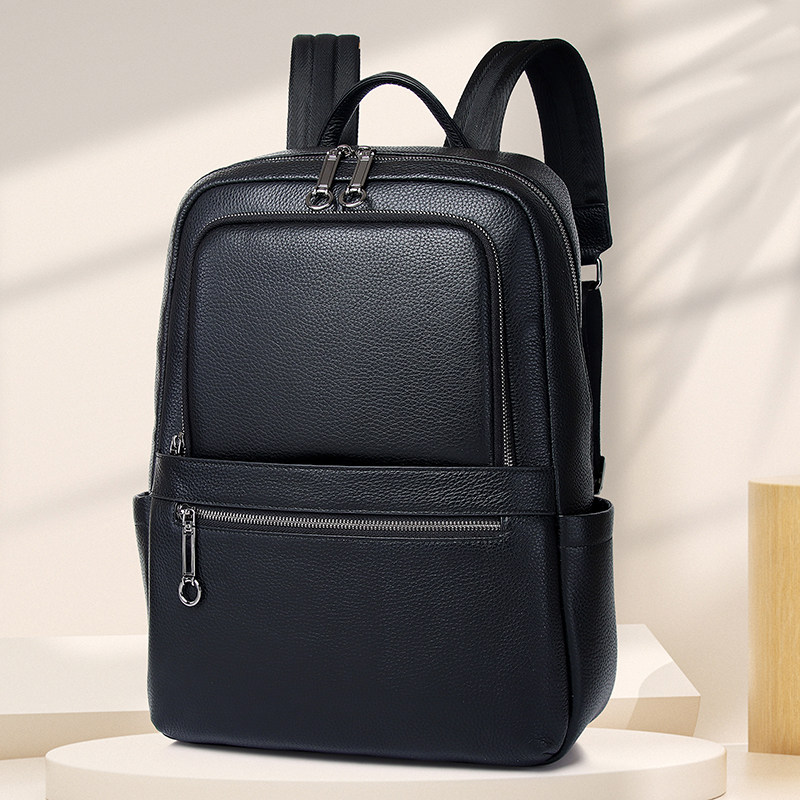 头层牛皮双肩包男士商务休闲大容量电脑包黑色男职场出差真皮背包