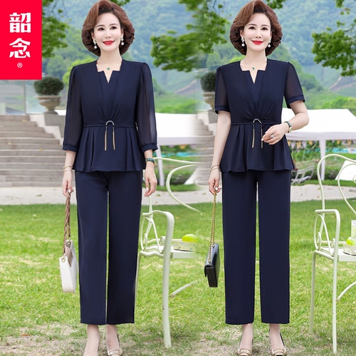 Шифоновая летняя одежда для матери, комплект для пожилых людей, тонкая футболка, в западном стиле, для среднего возраста, короткий рукав