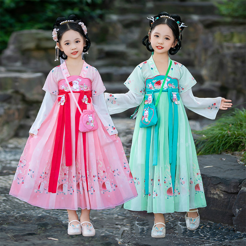 汉服女童春款2025新款儿童古装国风超仙唐装女孩古风长袖连衣裙春