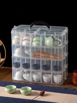 茶具收纳盒透明防尘带盖可叠加多功能便携式手提茶杯茶壶整理盒子