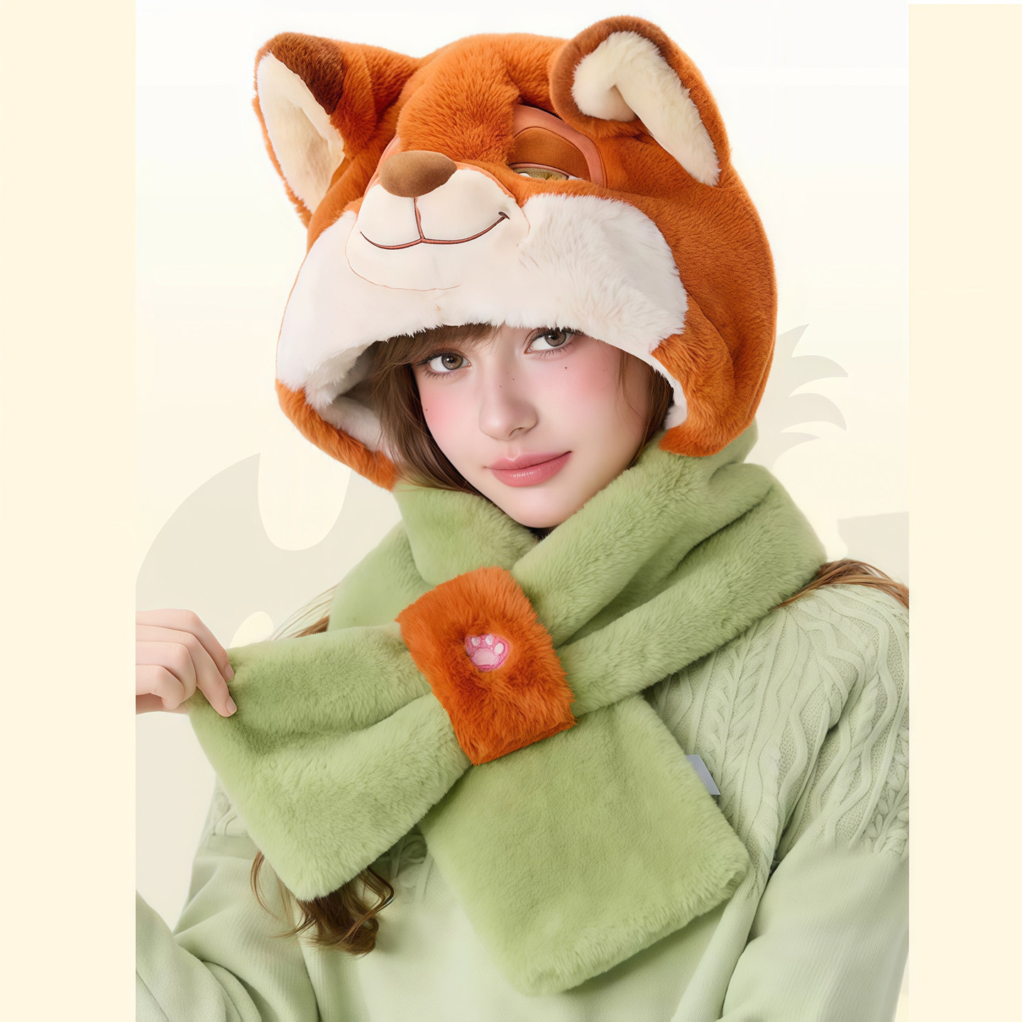 尼克狐狸套头帽子围巾女两件套