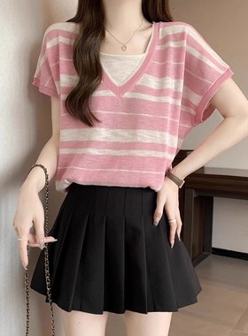 设计感假两件拼色条纹短袖T恤女夏大码胖mm显瘦遮肚减龄欧货上衣