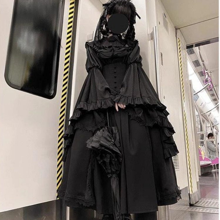 暗黑哥特风lolita衬衫鱼骨半身裙姬袖套装洛丽塔优雅华丽两件套女