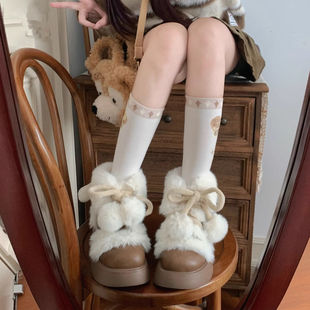 可爱毛球洛丽塔鞋子冬季Lolita鞋子雪地靴少女JK小皮鞋保暖毛毛鞋