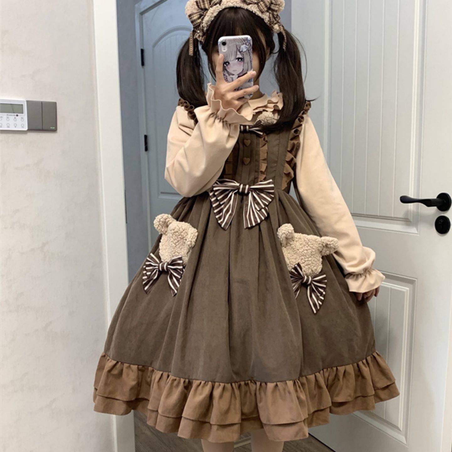 200斤胖女生可爱萝莉吊带裙秋冬胖mm洛丽塔衬衣JSK连衣裙两件套装