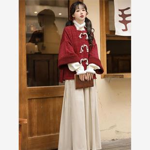 知雨意香草可可新中式汉服女国风方领改良宋裤加绒汉元素明制套装